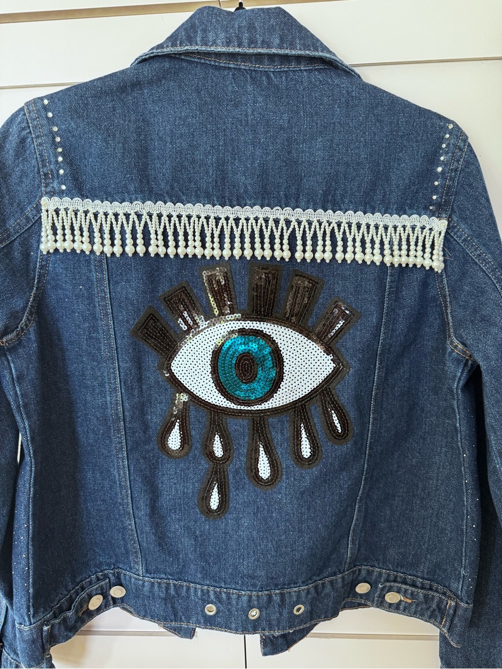 Baccini Blue Denim Jacket  hand-customized and embellished with unique details.